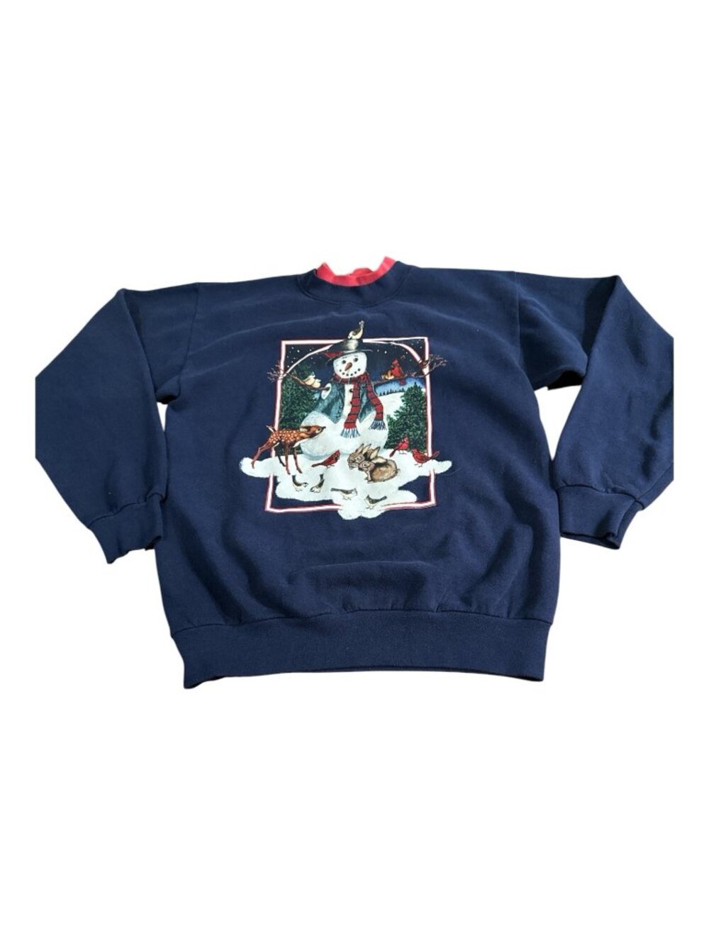 Vintage 90s Winter Crewneck Size Medium USA Snowman Deer Animals Winter Scene